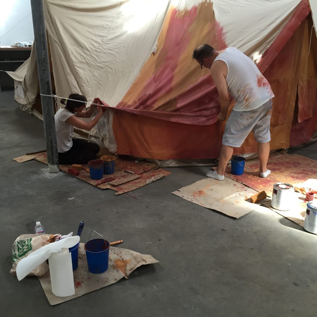 Bell Tents being painted by scenic artists in LA