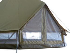 Protech Bell Tent Details photographs mesh wall natural canvas tent for family camping and glamping, safari tent style, heavy duty 360gsm canvas, 650gsm groundsheet