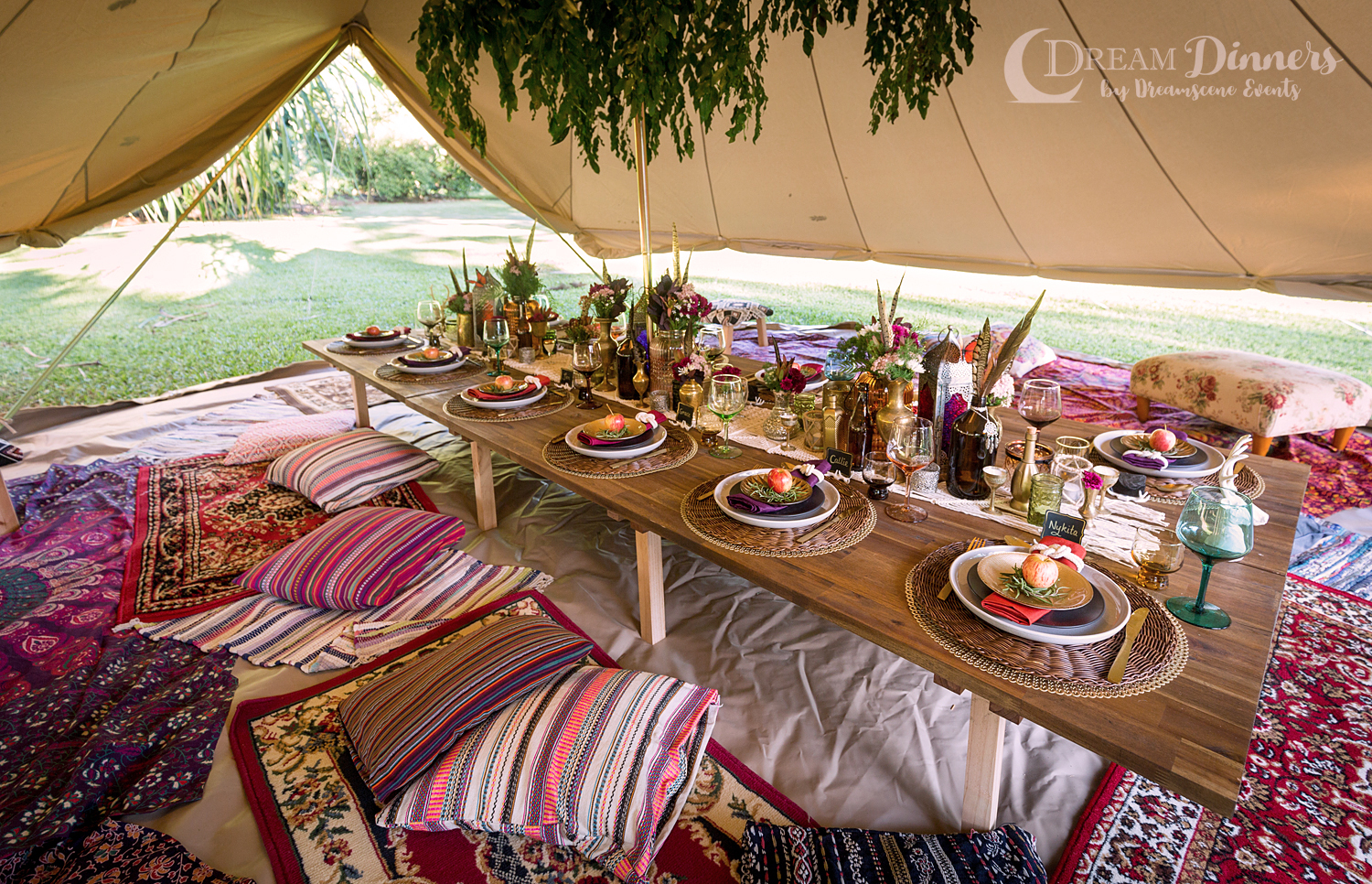 Glamping 6m diameter Protech Canvas Bell Tent Double Door Dinner Styling Charity Ball Event dinner table centre piece