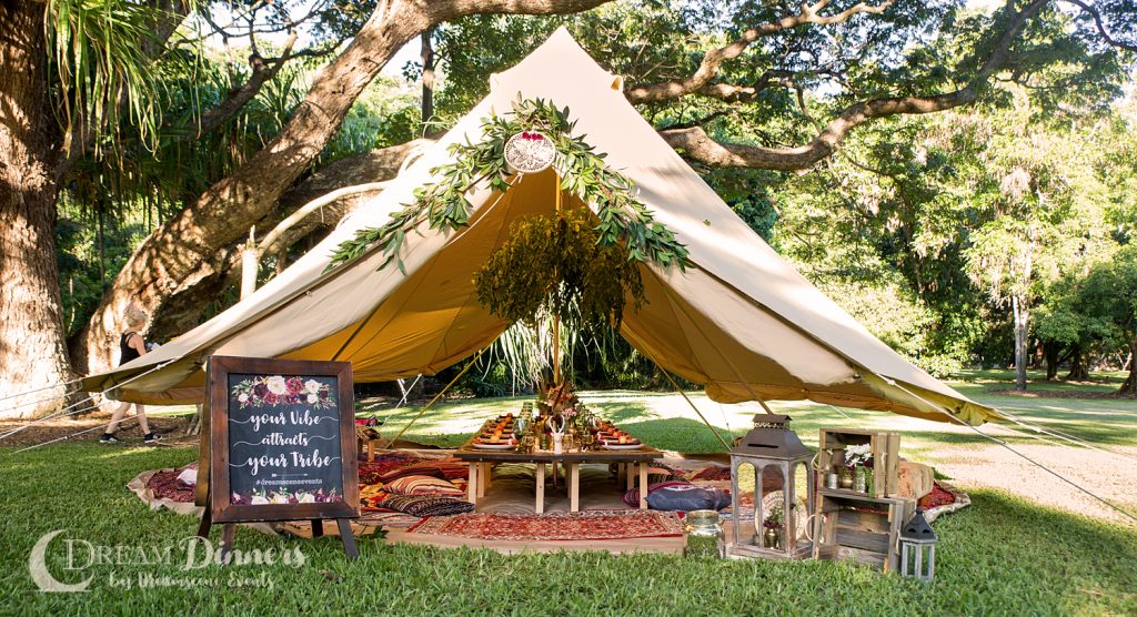 Glamping 6m diameter Protech Canvas Bell Tent Double Door Dinner Styling Charity Ball Event dinner table centre piece