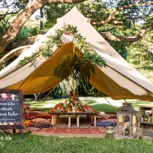 Glamping 6m diameter Protech Canvas Bell Tent Double Door Dinner Styling Charity Ball Event dinner table centre piece