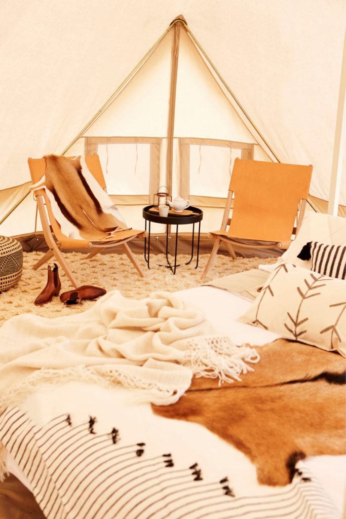 Interior 6m diameter Emperor Twin Bell Tent Glamping Tent, natural canvas, camping glamping, african safari