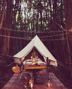 4.5m diameter Bell Tent styled beautifully for a dinner in the forest
