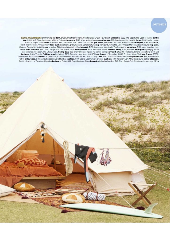5m diameter Bell Tent, Surf trip, girlfriends, camping, glamping, surf safari, natural canvas tent, Real Living Magazine, Bell Tent, June 2017 Issue