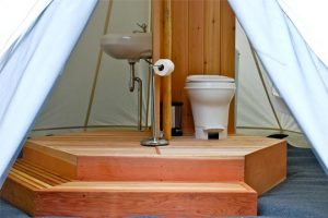 Glamping Bathroom Amenities Design Ideas - Breathe Bell Tents Australia Inspo - Bathroom design ideas, canvas, fabric, porcelain sinks