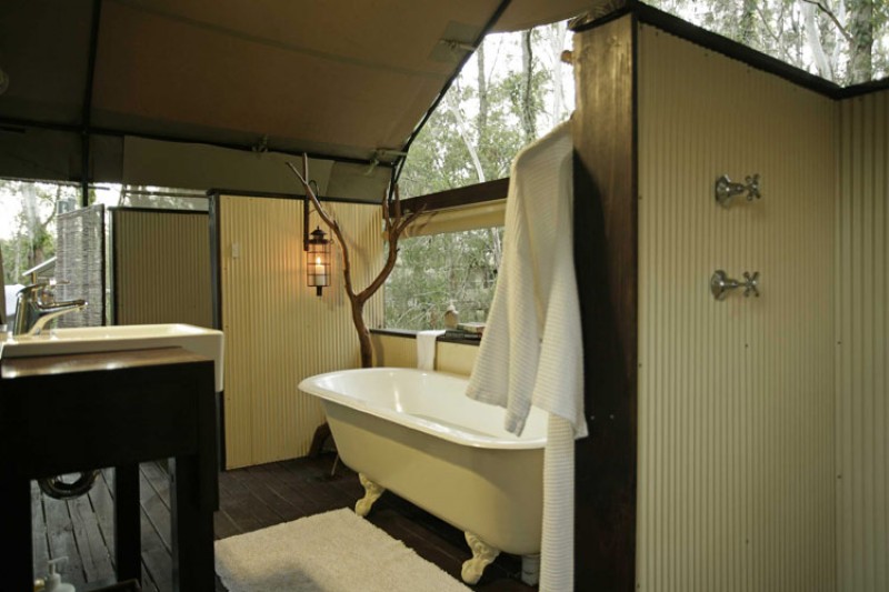 Glamping Bathroom Amenities Design Ideas - Breathe Bell Tents Australia Inspo - Bathroom design ideas, canvas, fabric, porcelain sinks