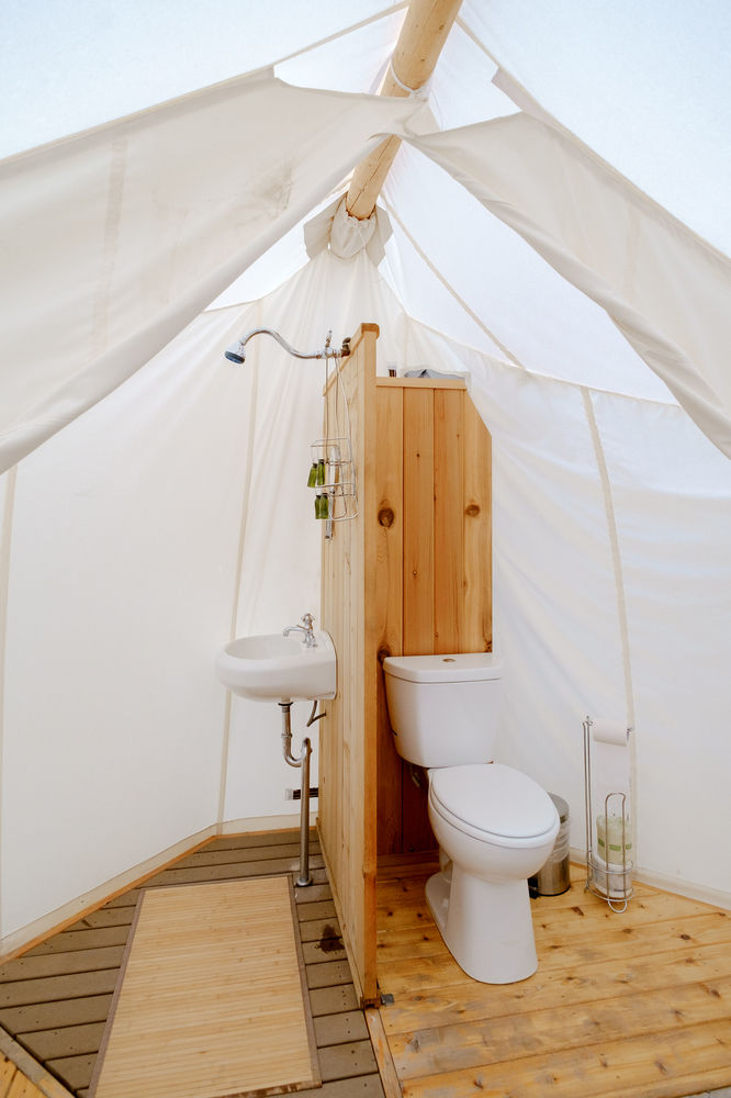 Glamping Bathroom Amenities Design Ideas - Breathe Bell Tents Australia Inspo - Bathroom design ideas, canvas, fabric, porcelain sinks