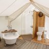 Glamping Bathroom Amenities Design Ideas - Breathe Bell Tents Australia Inspo - Bathroom design ideas, canvas, fabric, porcelain sinks