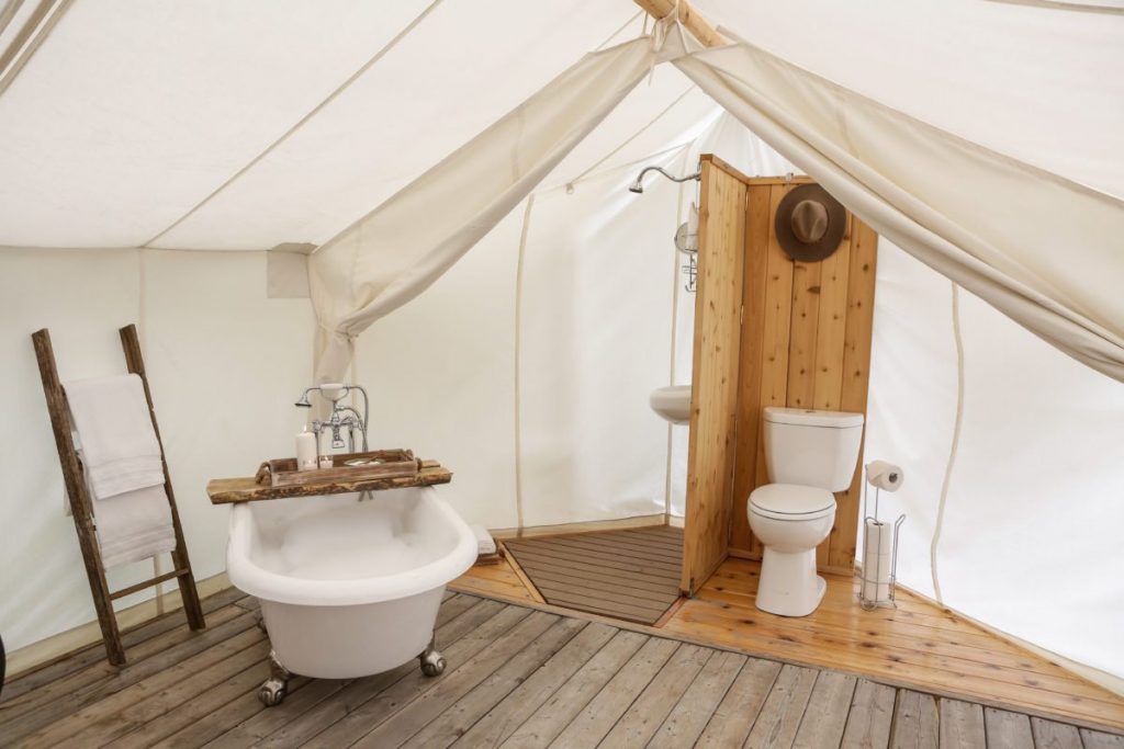 Glamping Bathroom Amenities Design Ideas - Breathe Bell Tents Australia Inspo - Bathroom design ideas, canvas, fabric, porcelain sinks