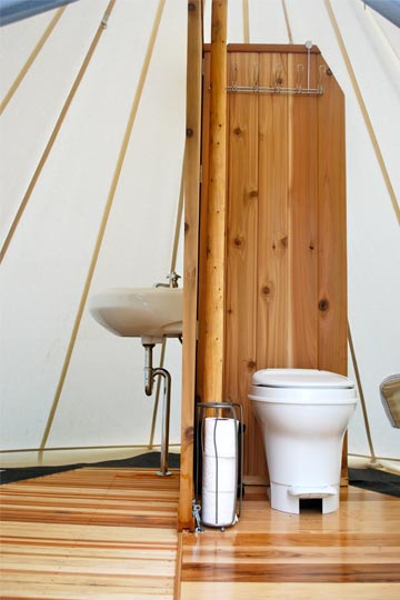 Glamping Bathroom Amenities Design Ideas - Breathe Bell Tents Australia Inspo - Bathroom design ideas, canvas, fabric, porcelain sinks