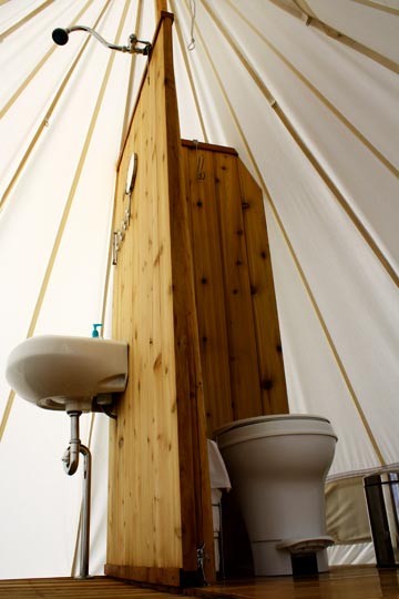 Glamping Bathroom Amenities Design Ideas - Breathe Bell Tents Australia Inspo - Bathroom design ideas, canvas, fabric, porcelain sinks