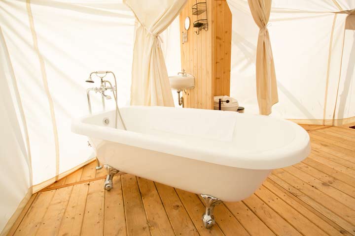 Glamping Bathroom Amenities Design Ideas - Breathe Bell Tents Australia Inspo - Bathroom design ideas, canvas, fabric, porcelain sinks